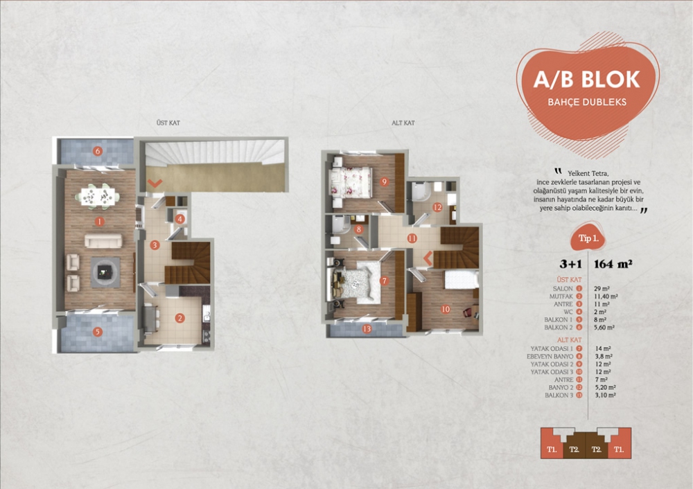 TİP 1 : 164 m² 3+1 Bahçe Dubleks | Yelkent Tetra | Yelkent Yapı