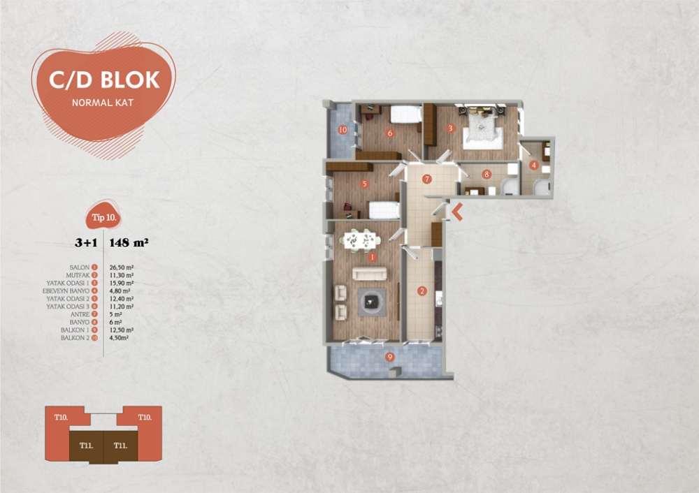 TİP 10 : 148 m² 3+1 Normal Kat | Yelkent Tetra | Yelkent Yapı