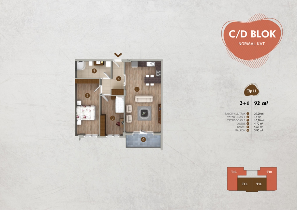 TİP 11 : 92 m² 2+1 Normal Kat | Yelkent Tetra | Yelkent Yapı