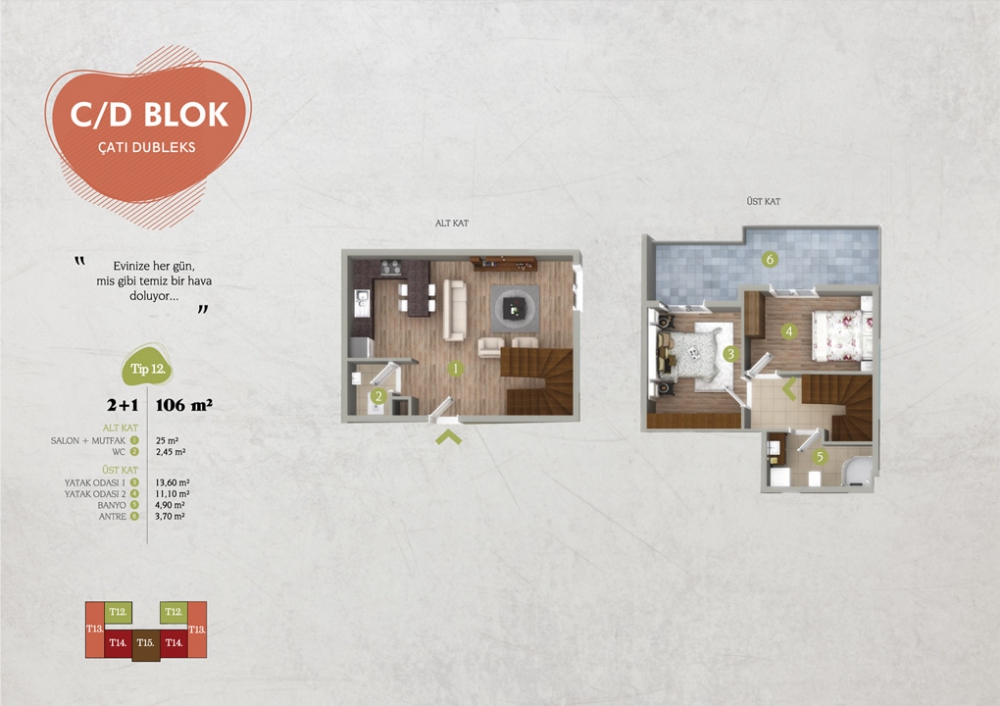 TİP 12 : 106 m² 2+1 Çatı Dubleks | Yelkent Tetra | Yelkent Yapı