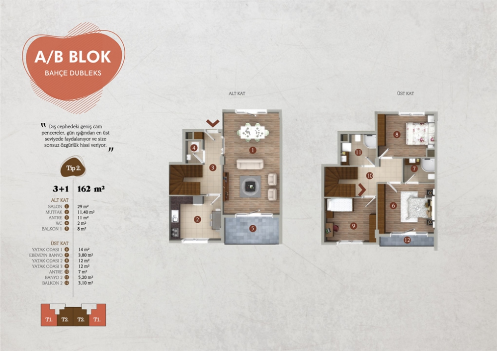 TİP 2 : 162 m² 3+1 Bahçe Dubleks | Yelkent Tetra | Yelkent Yapı