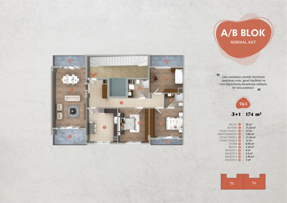 TİP 3 : 174 m² 3+1 Normal Kat | Yelkent Tetra | Yelkent Yapı
