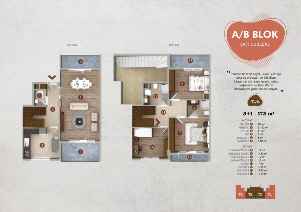 TİP 5 : 173 m² 3+1 Çatı Dubleks | Yelkent Tetra | Yelkent Yapı