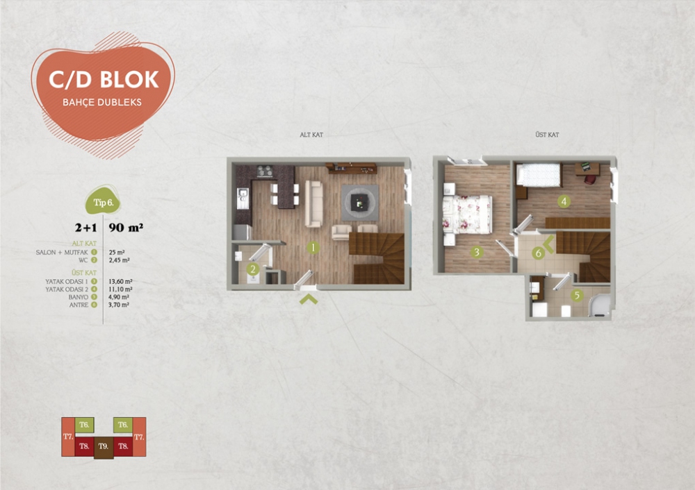 TİP 6 : 90 m² 2+1 Bahçe Dubleks | Yelkent Tetra | Yelkent Yapı