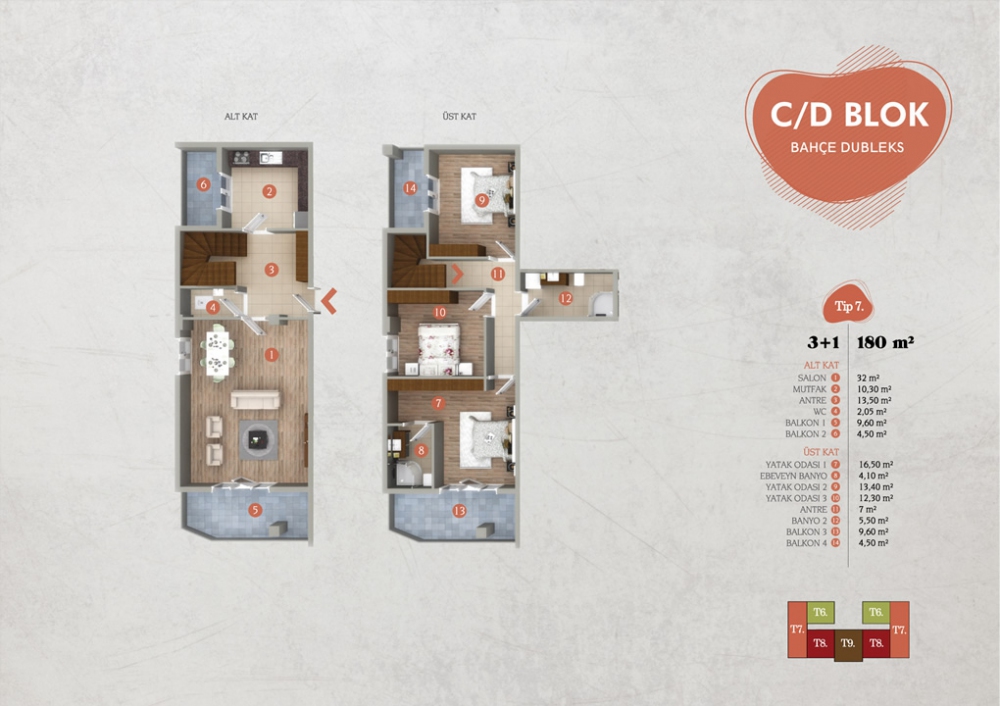 TİP 7 : 180 m² 3+1 Bahçe Dubleks | Yelkent Tetra | Yelkent Yapı