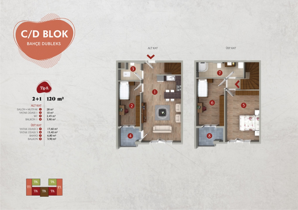 TİP 8 : 120 m² 2+1 Bahçe Dubleks | Yelkent Tetra | Yelkent Yapı