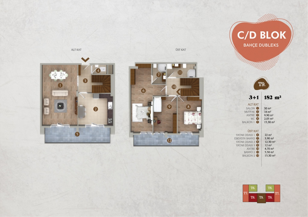 TİP 9 : 182 m² 3+1 Bahçe Dubleks | Yelkent Tetra | Yelkent Yapı